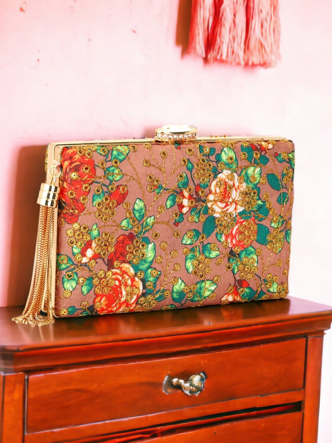 

Toobacraft Embroidered Box Clutch, Gold