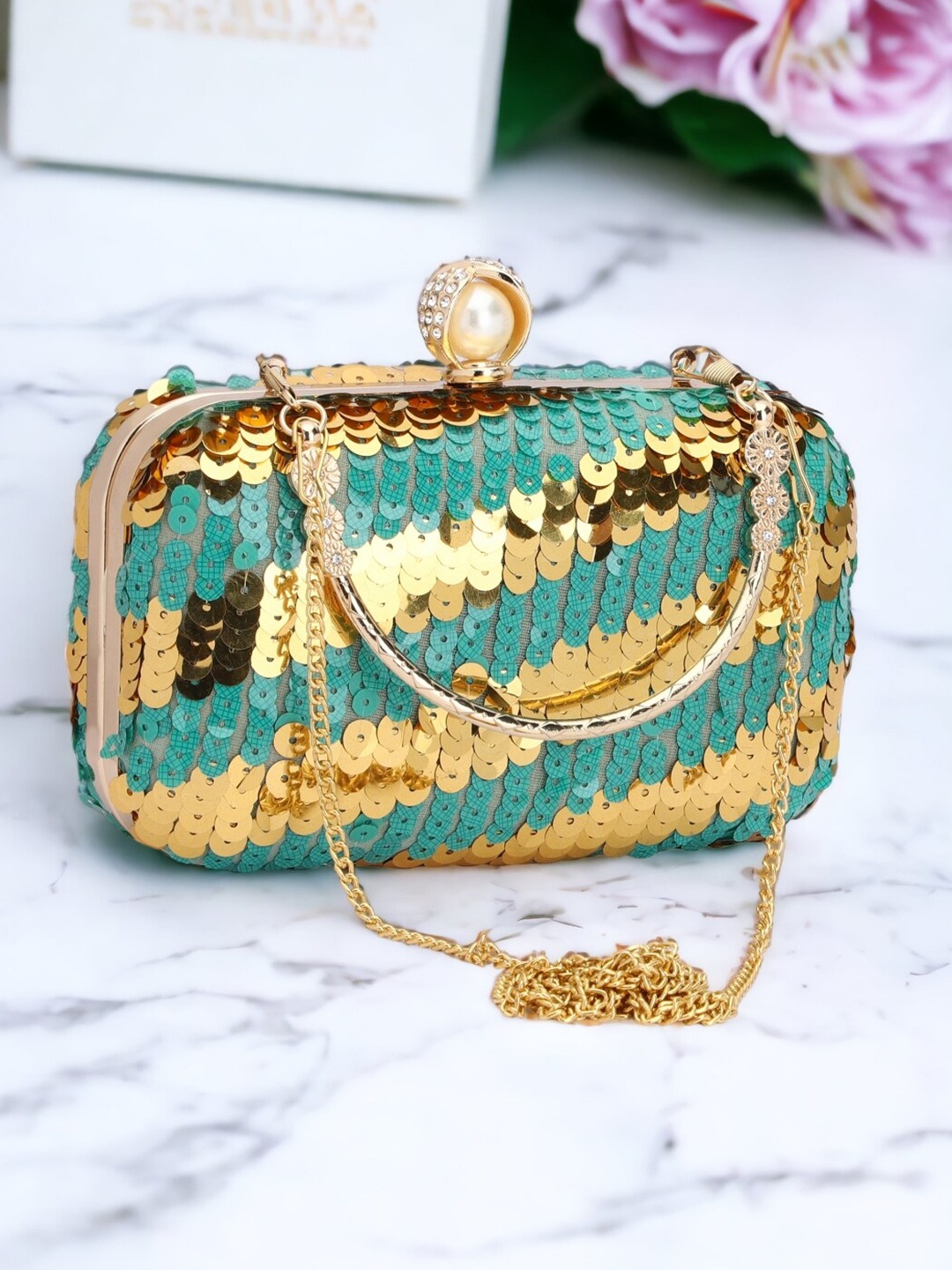 

Toobacraft Embellished Box Clutch, Green