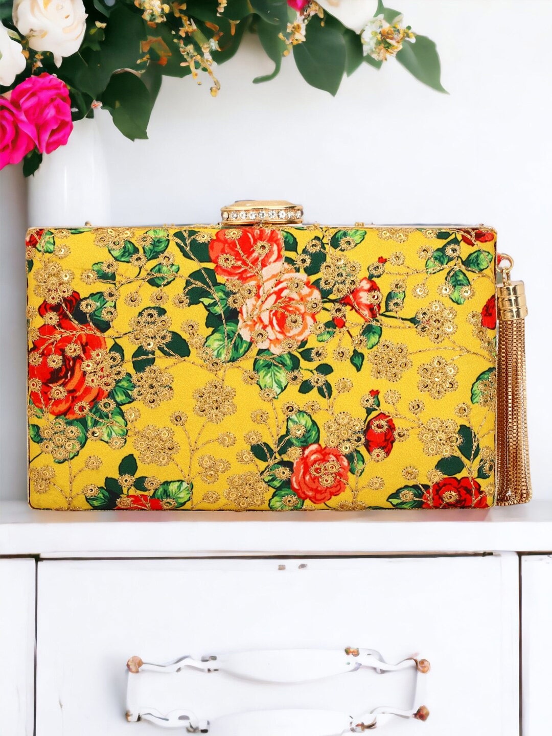 

Toobacraft Printed Embellished Box Clutch, Yellow