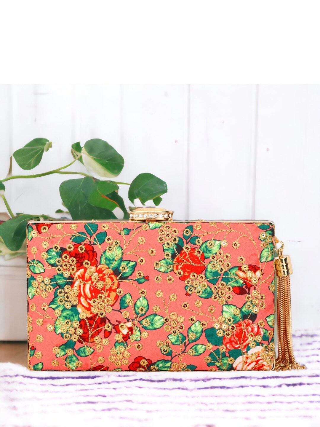 

Toobacraft Printed Embellished Box Clutch, Peach