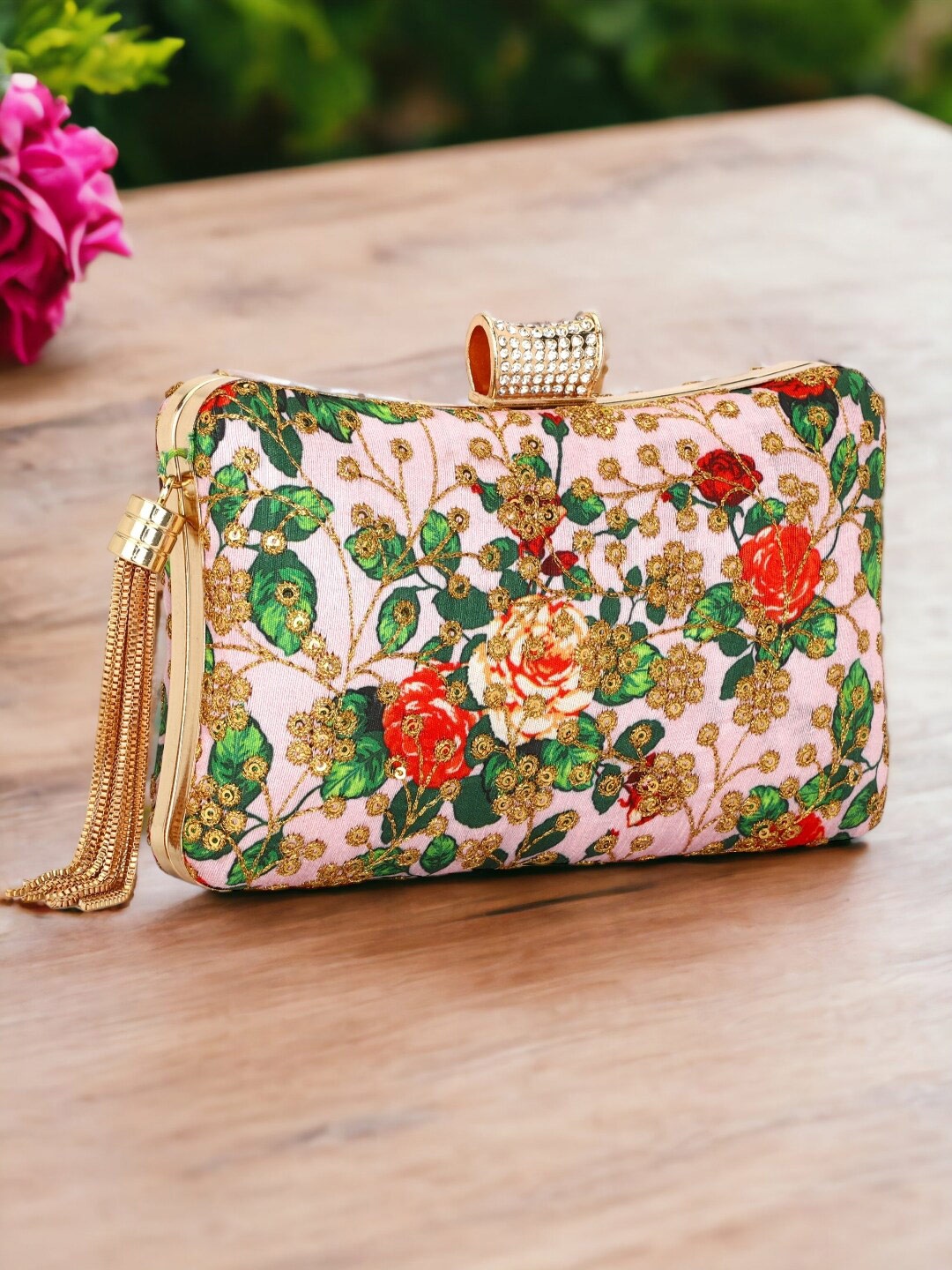 

Toobacraft Printed Embellished Box Clutch, Pink