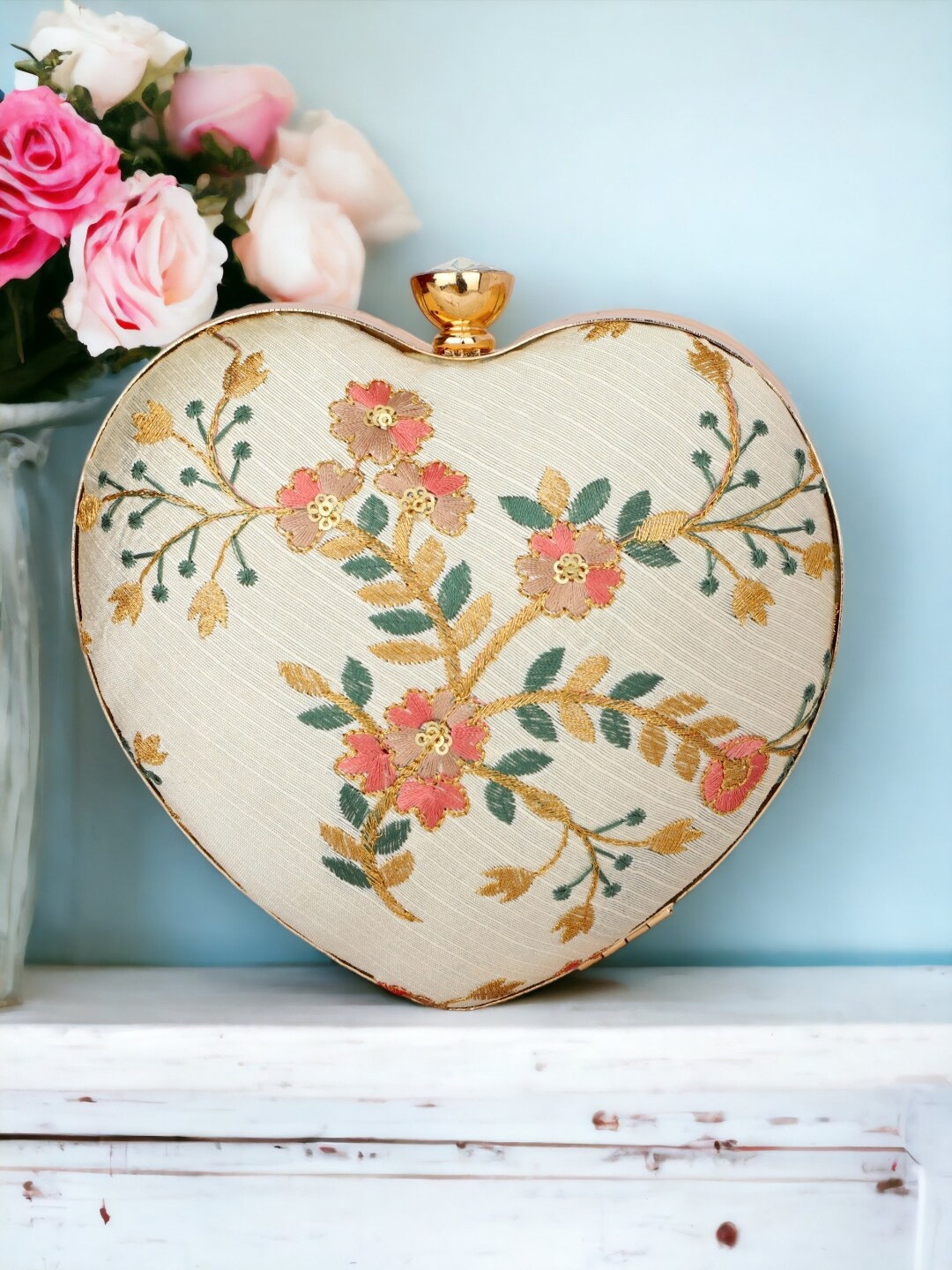 

Toobacraft Floral Embroidered Heart Shaped Box Clutch, Cream