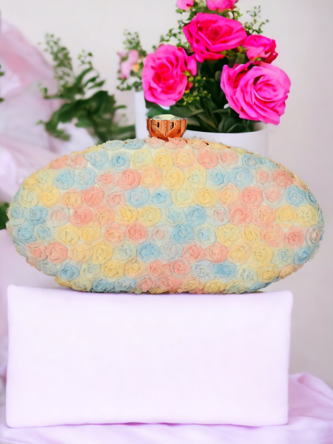 

Toobacraft Rose Embroidered Oval Box Clutch, Yellow