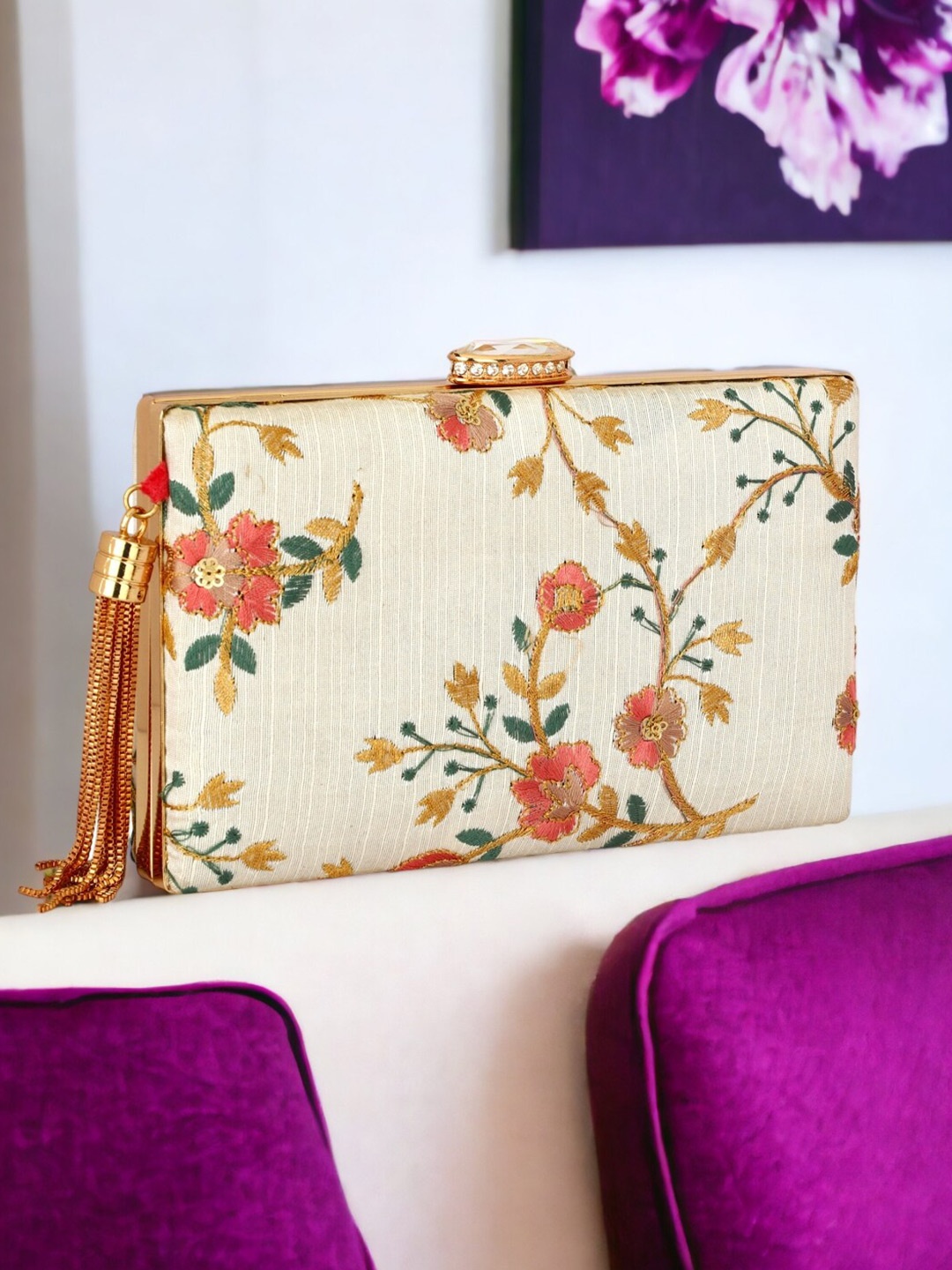 

Toobacraft Floral Embroidered Box Clutch, Cream