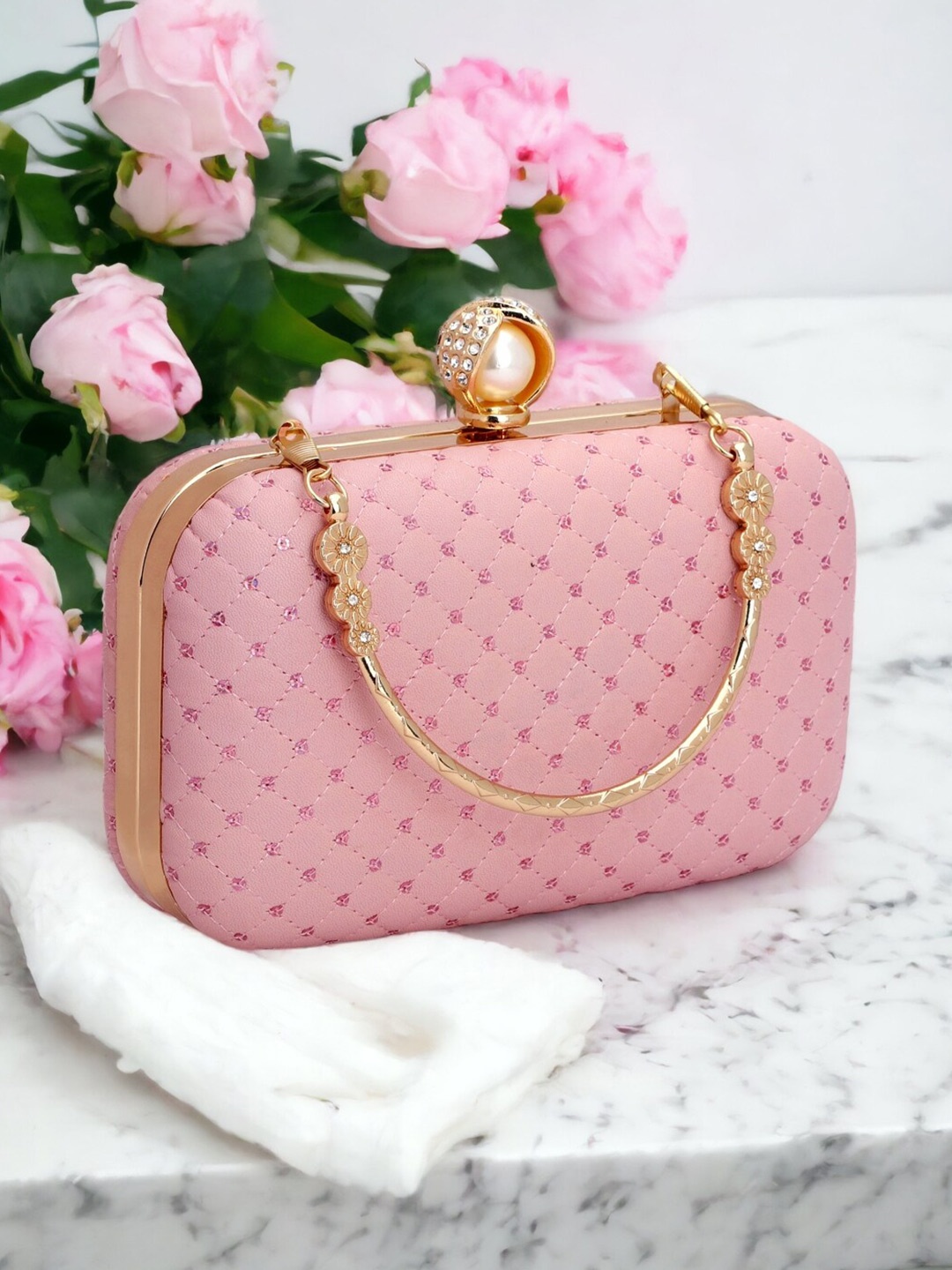 

Toobacraft Sequinned Embroidered Box Clutch, Pink