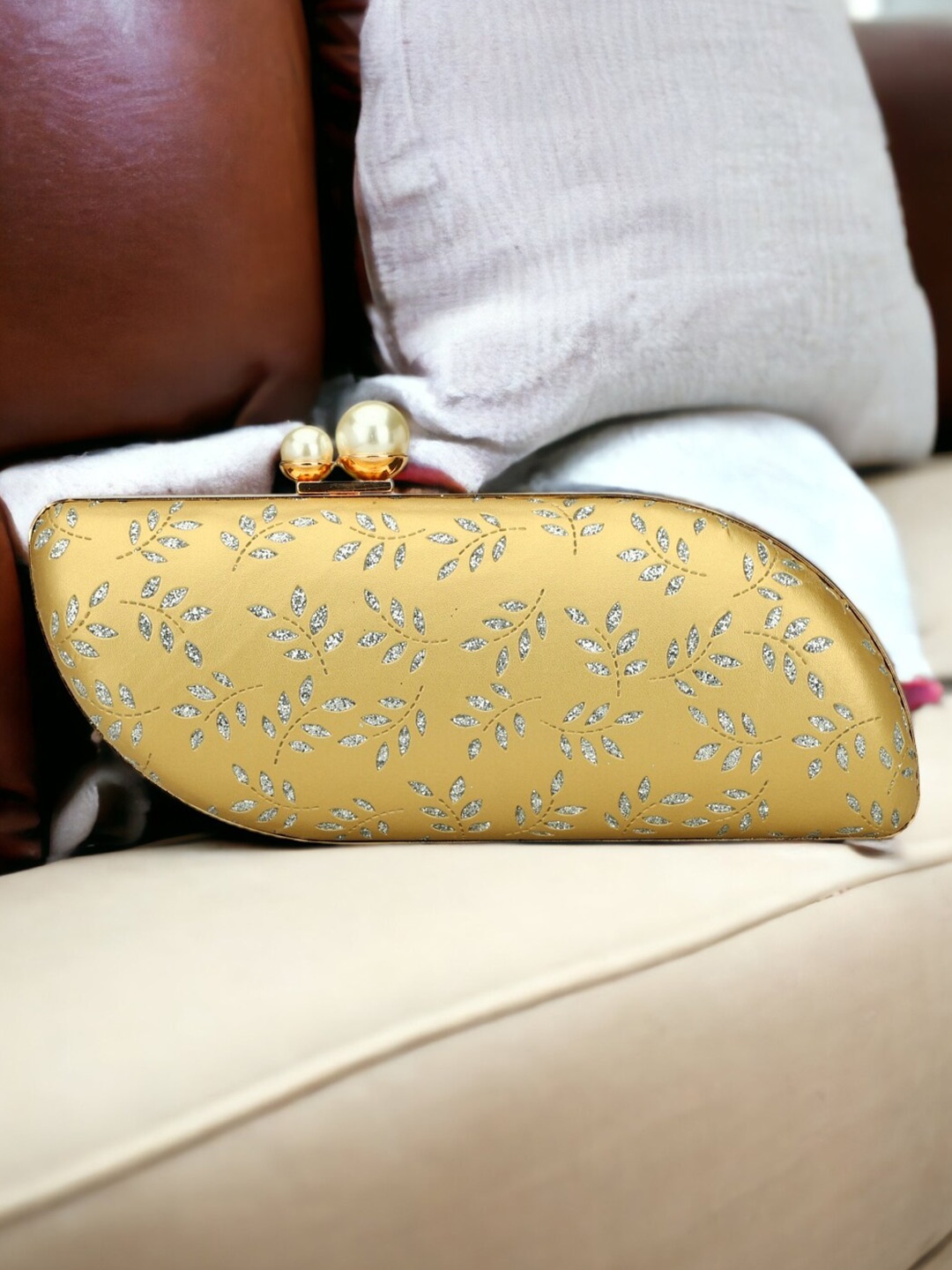 

Toobacraft Silver Leaves Embellished Box Clutch, Gold