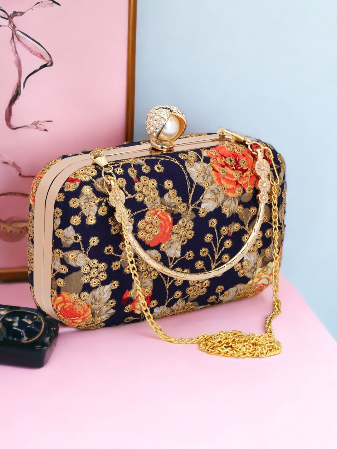 

Toobacraft Printed Embroidered Detailed Box Clutch, Blue
