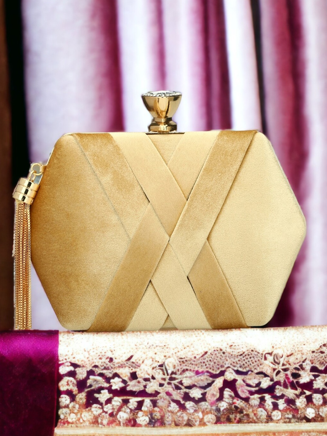 

Toobacraft Embellished Tasselled Box Clutch, Beige
