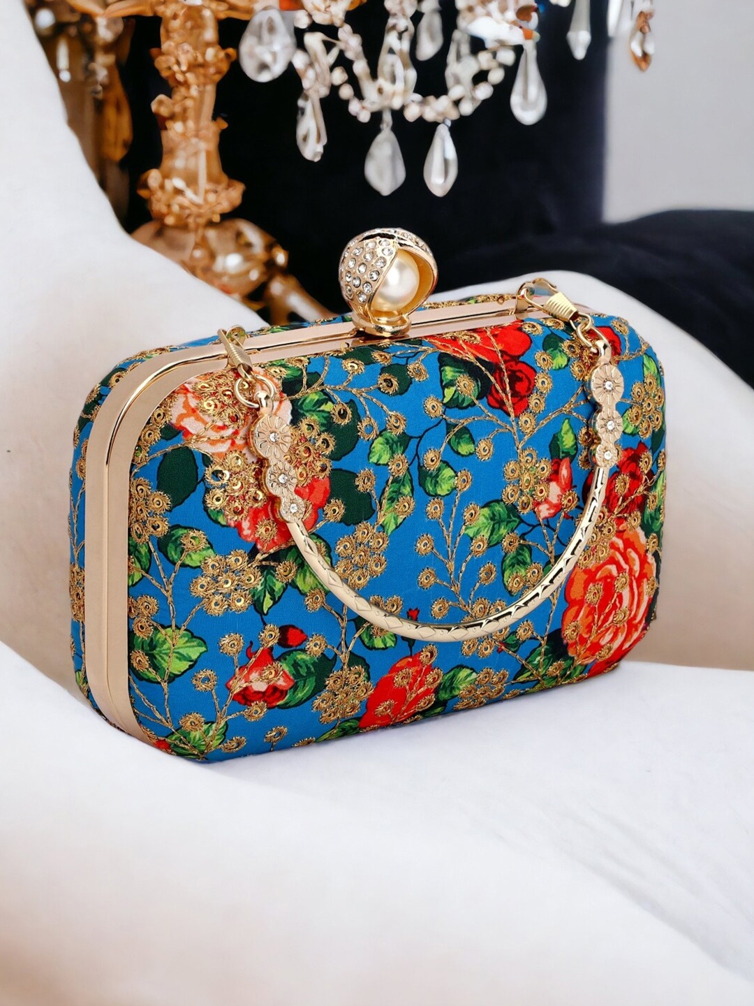 

Toobacraft Shoulder Strap Floral Embroidered Box Clutch, Blue
