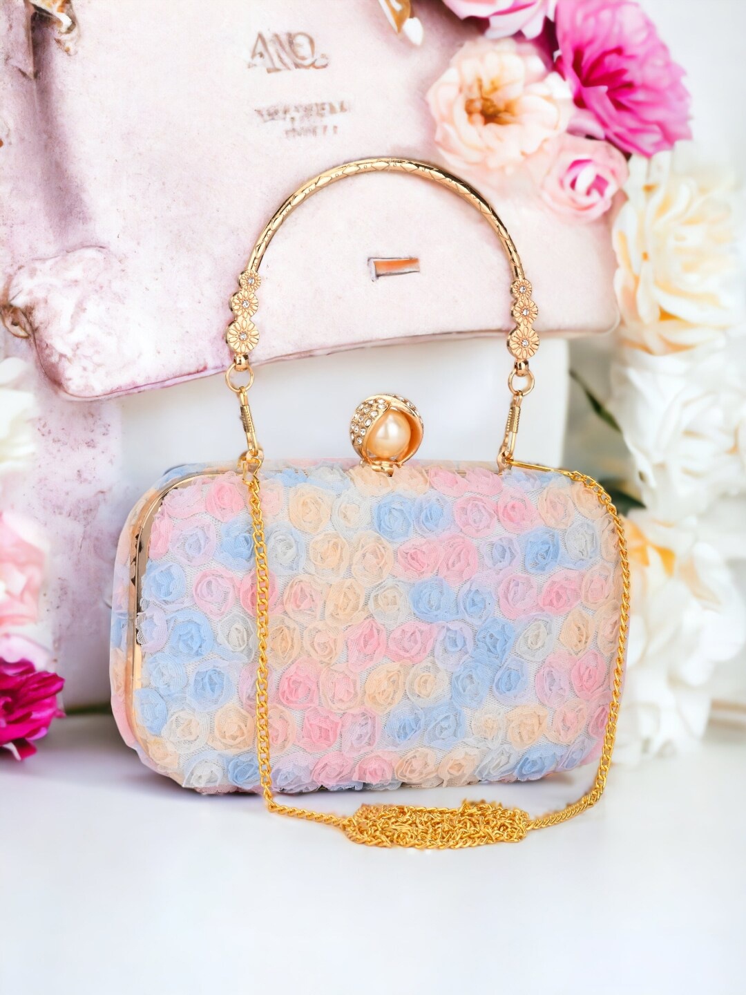 

Toobacraft Textured Embellished Box Clutch, Blue