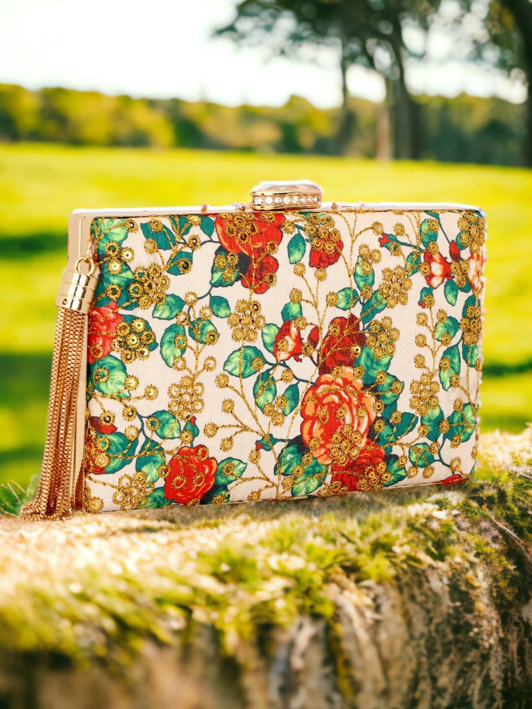 

Toobacraft Floral Printed Embellished Box Clutch, Beige