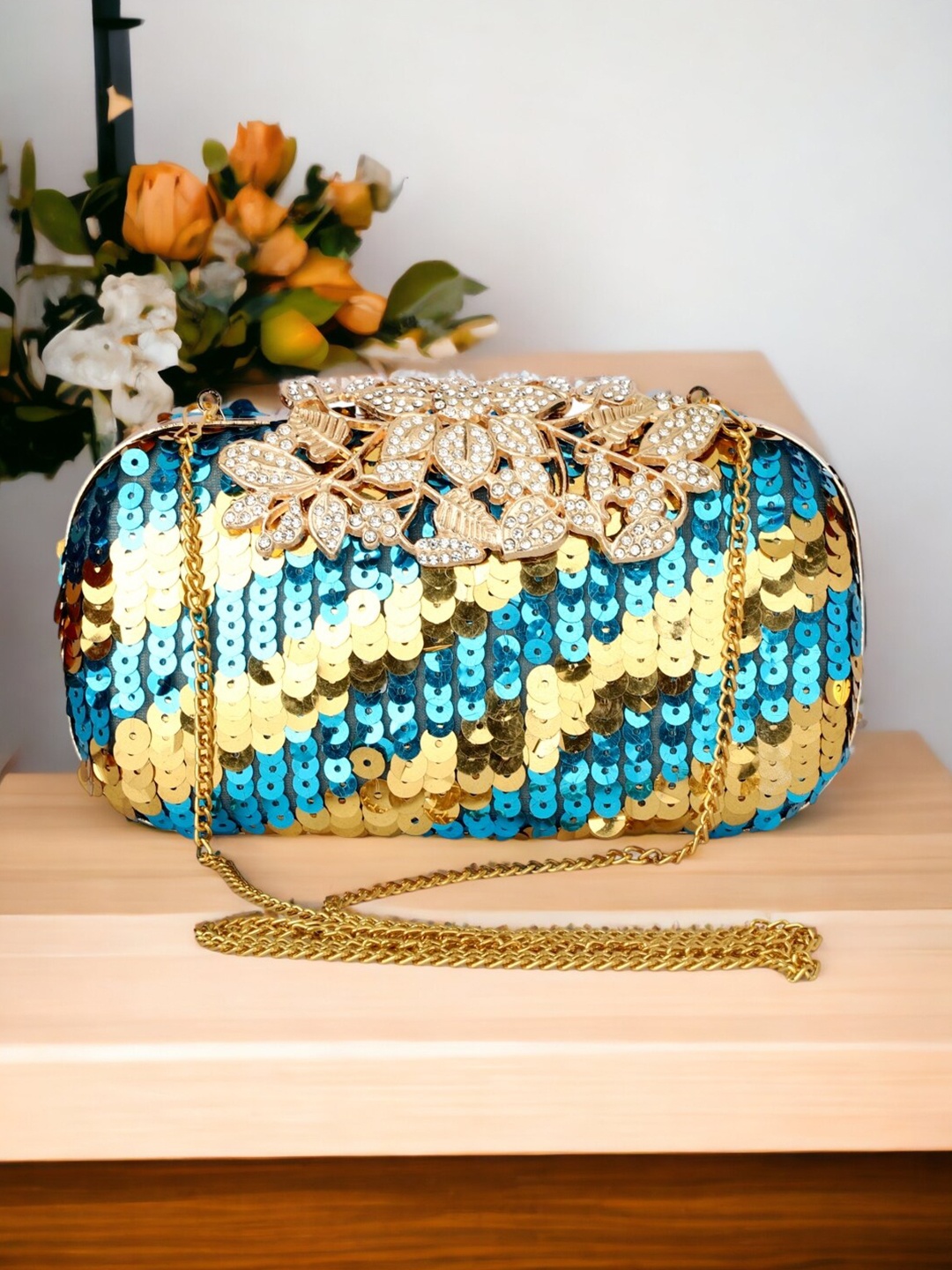 

Toobacraft Sequinned E Embellished Box Clutch, Blue