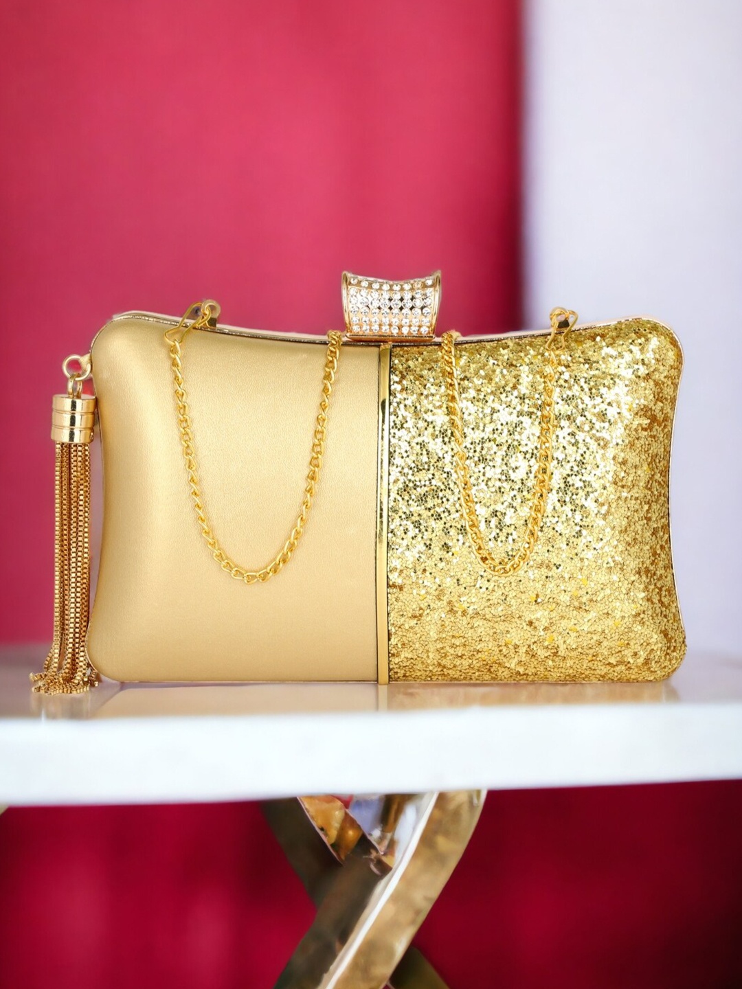 

Toobacraft Embellished Box Clutch, Gold