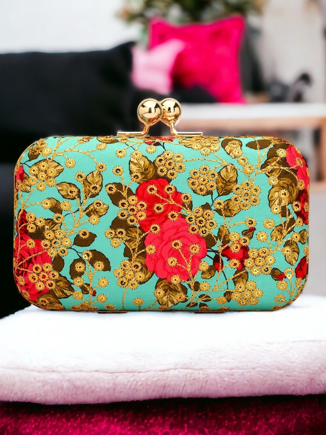 

Toobacraft Floral Embroidered Box Clutch, Turquoise blue