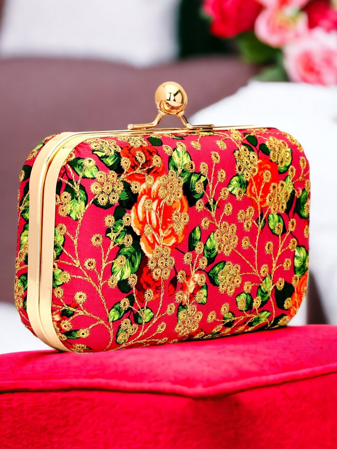 

Toobacraft Floral Embroidered Box Clutch, Maroon