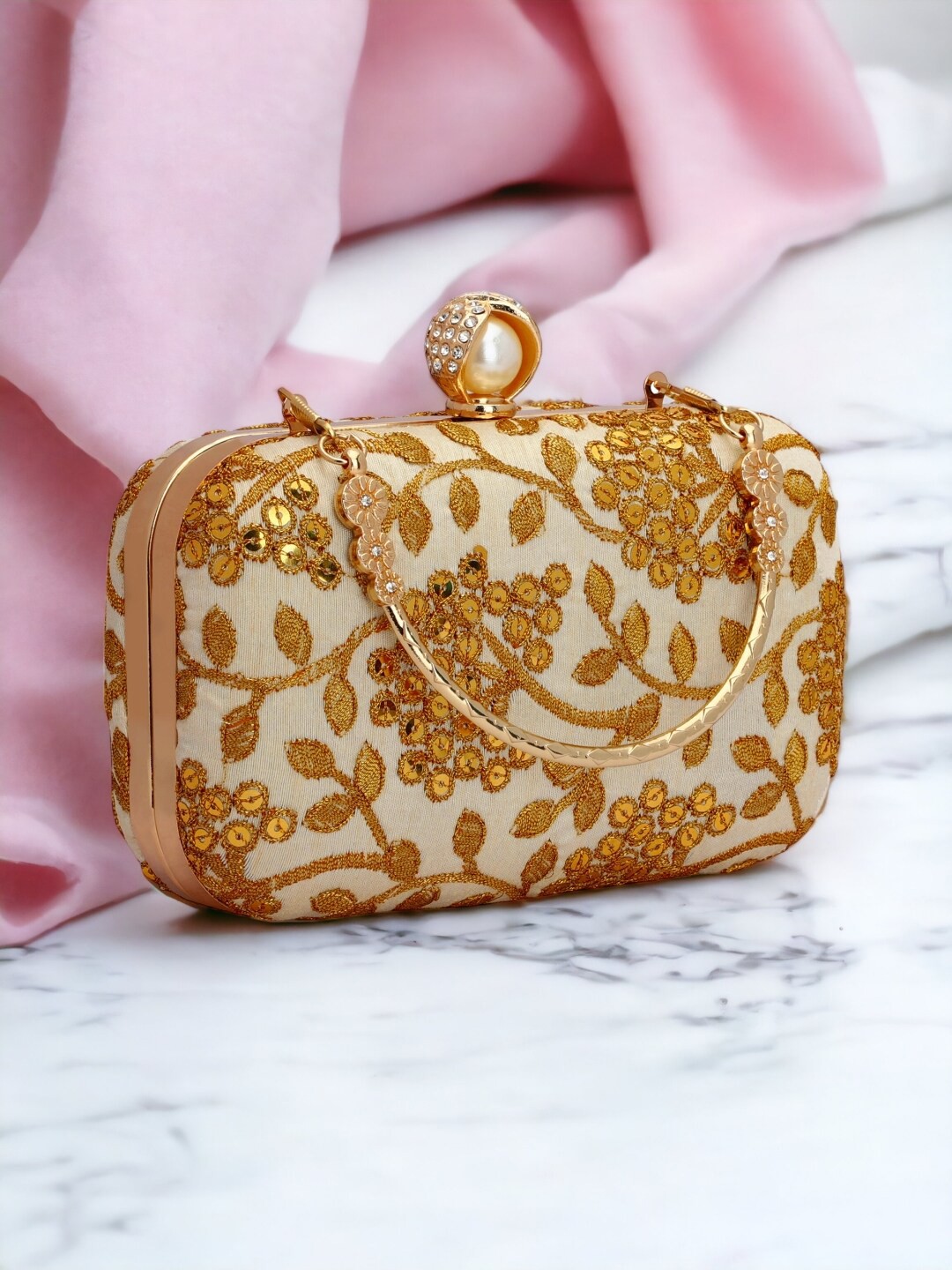 

Toobacraft Embellished Box Clutch With Shoulder Strap, Gold