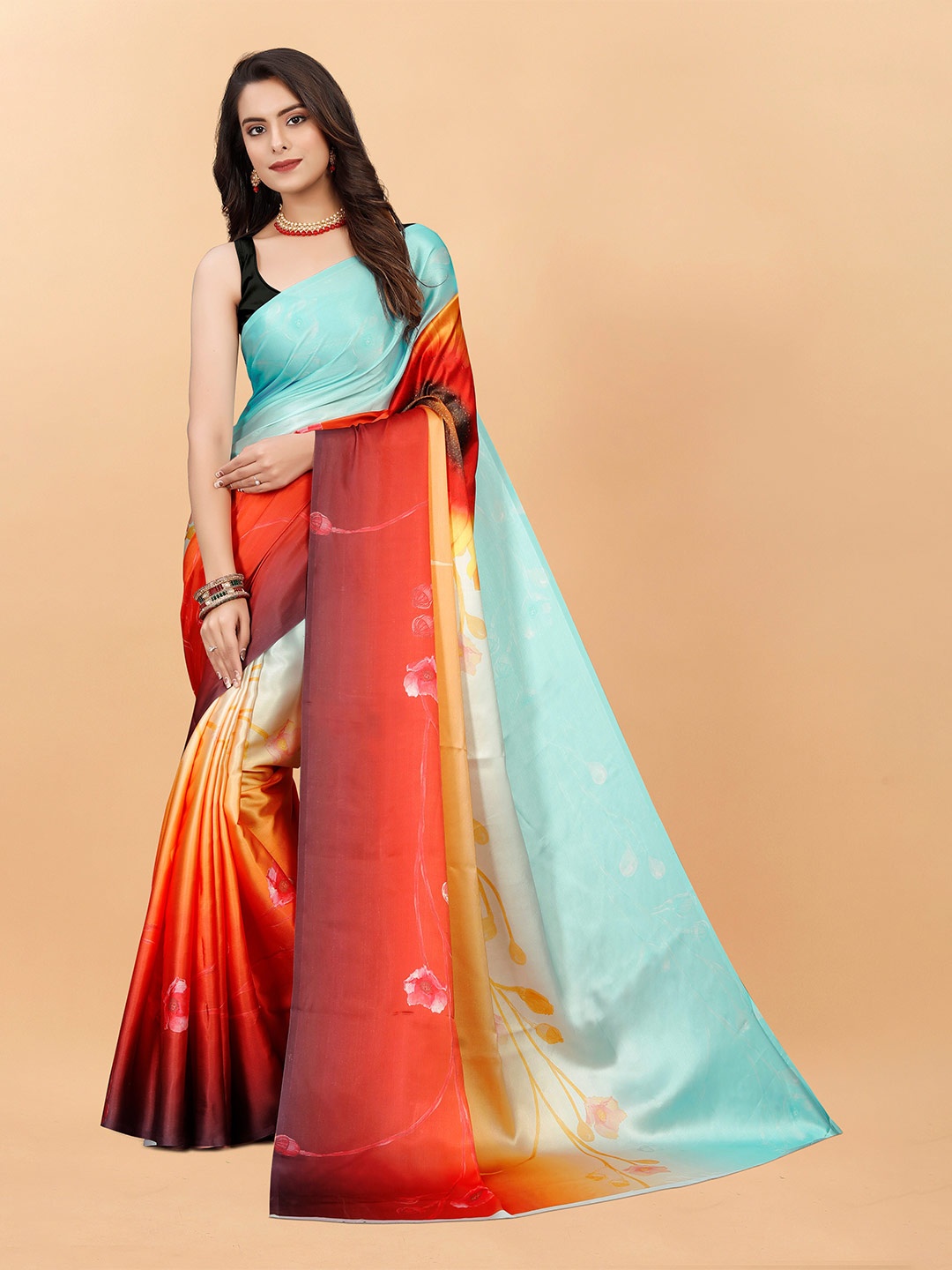 

VEECHIS Floral Printed Satin Saree, Blue