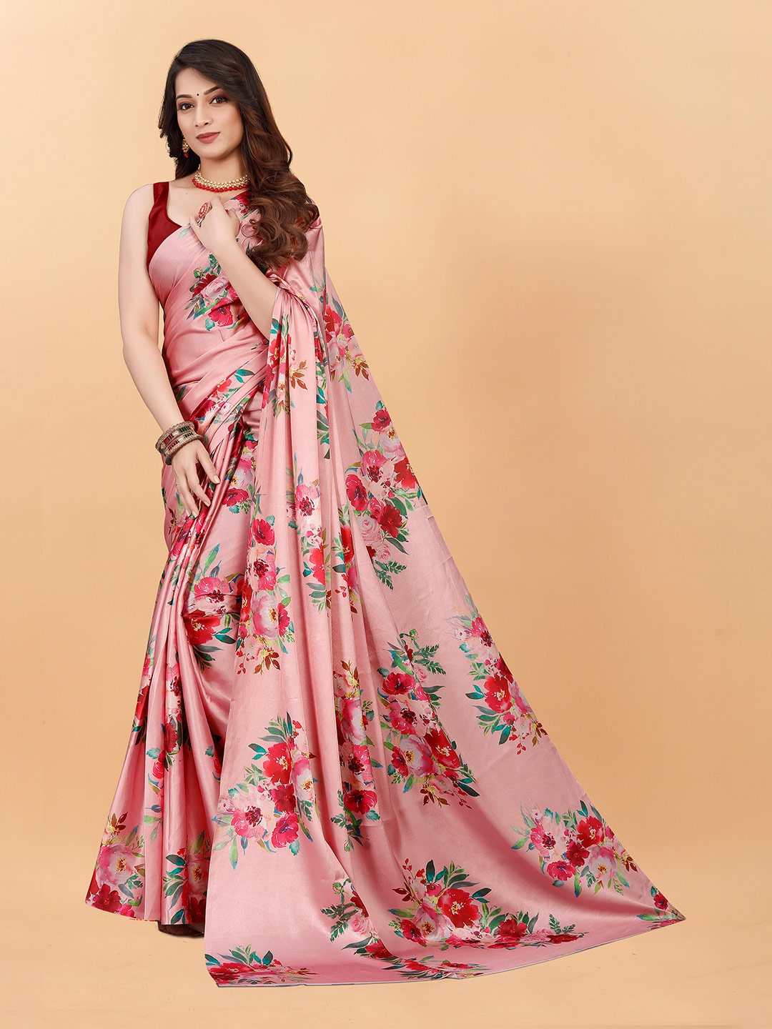 

VEECHIS Floral Printed Satin Saree, Peach