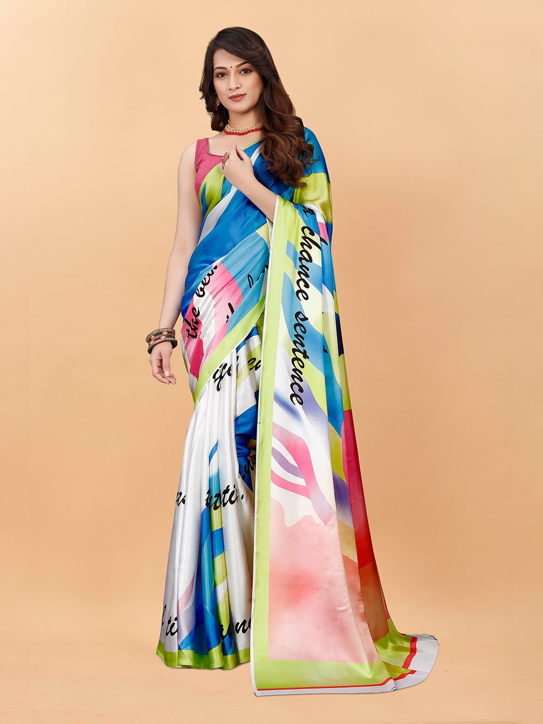 

VEECHIS Floral Printed Satin Saree, Blue