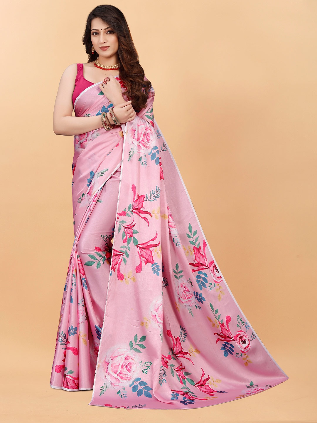 

VEECHIS Floral Printed Satin Saree, Pink