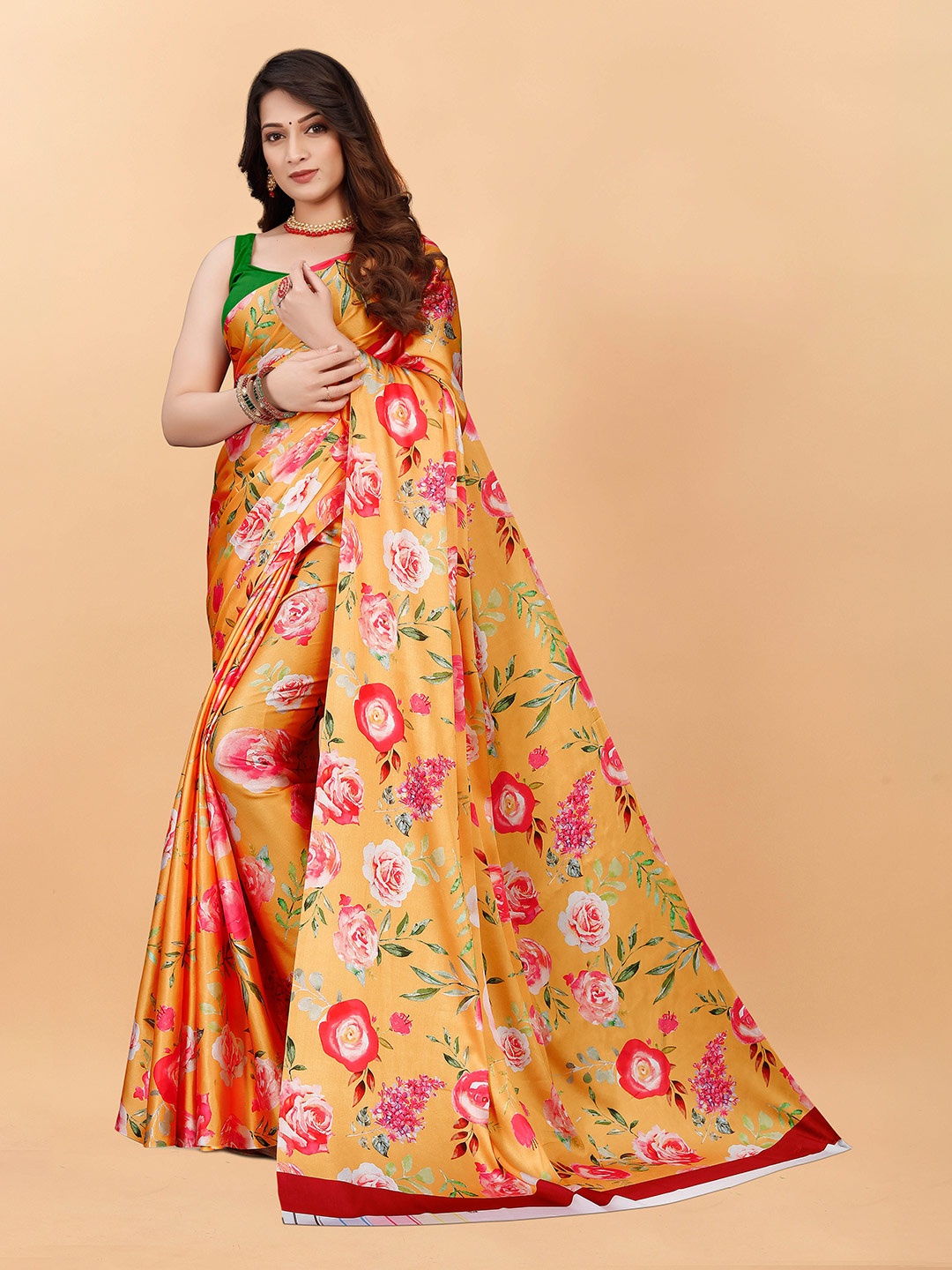 

VEECHIS Floral Printed Satin Saree, Orange