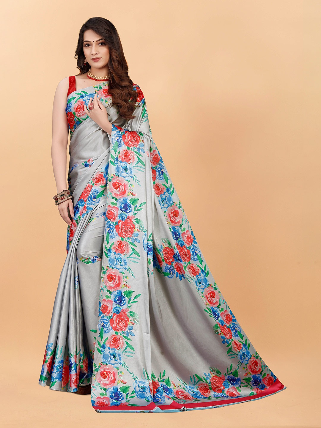 

VEECHIS Floral Printed Satin Saree, Grey