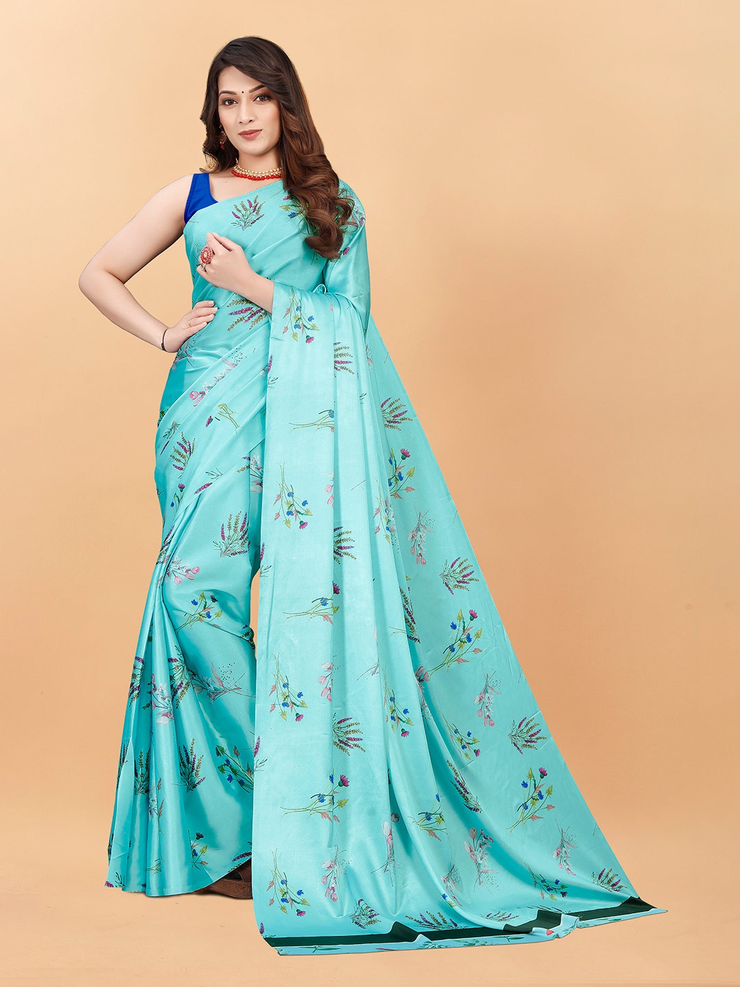 

VEECHIS Floral Printed Satin Saree, Blue