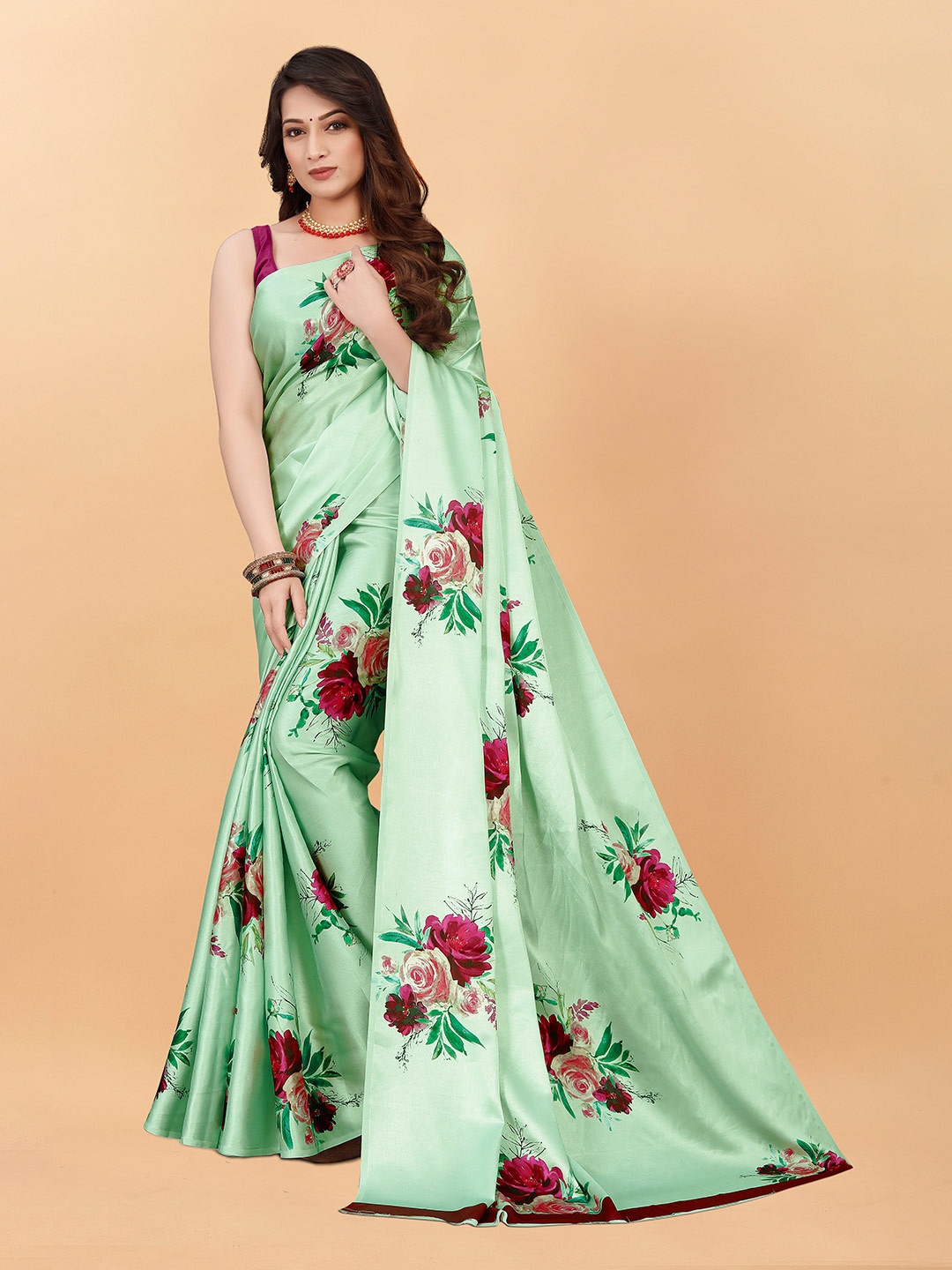 

VEECHIS Floral Printed Satin Saree, Green