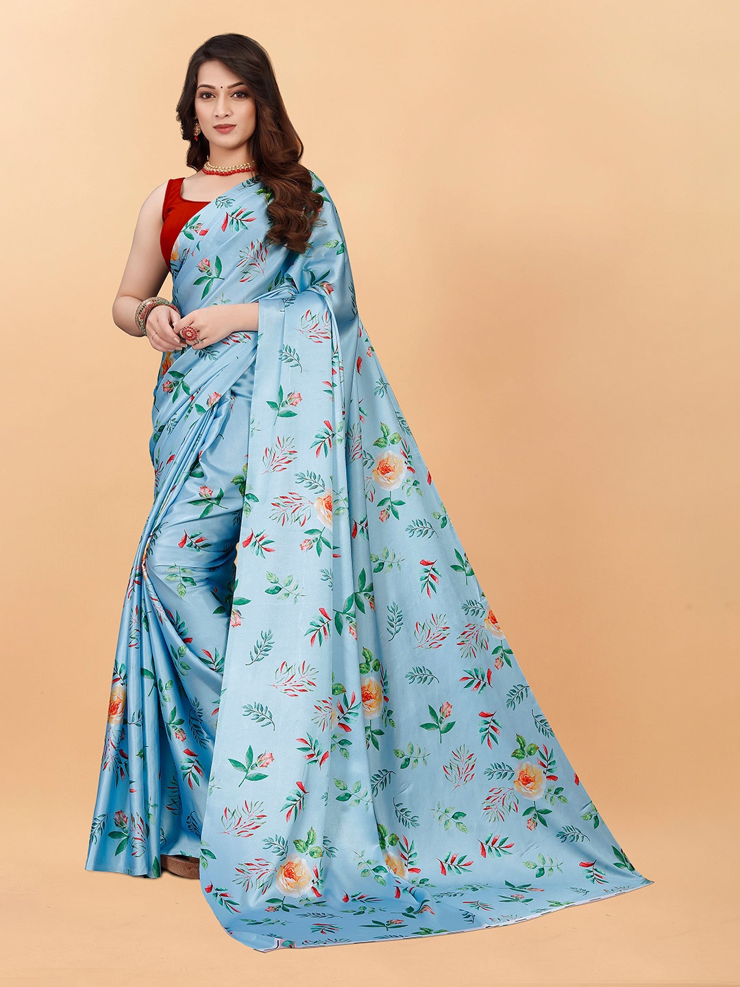 

VEECHIS Floral Printed Satin Saree, Blue