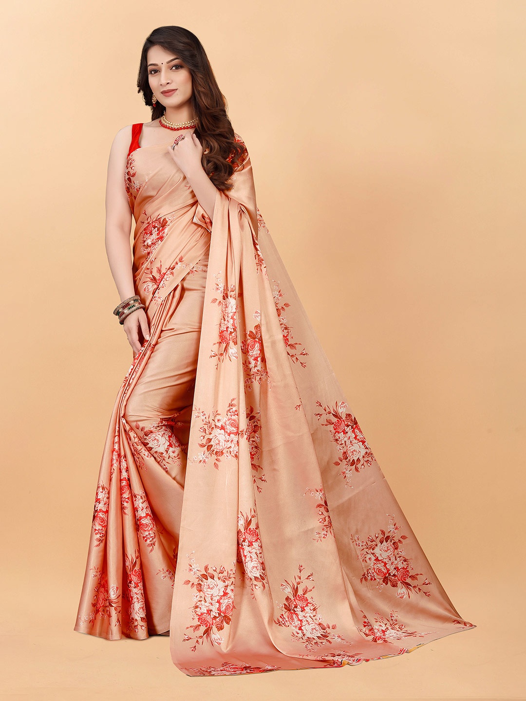 

VEECHIS Floral Printed Satin Saree, Orange