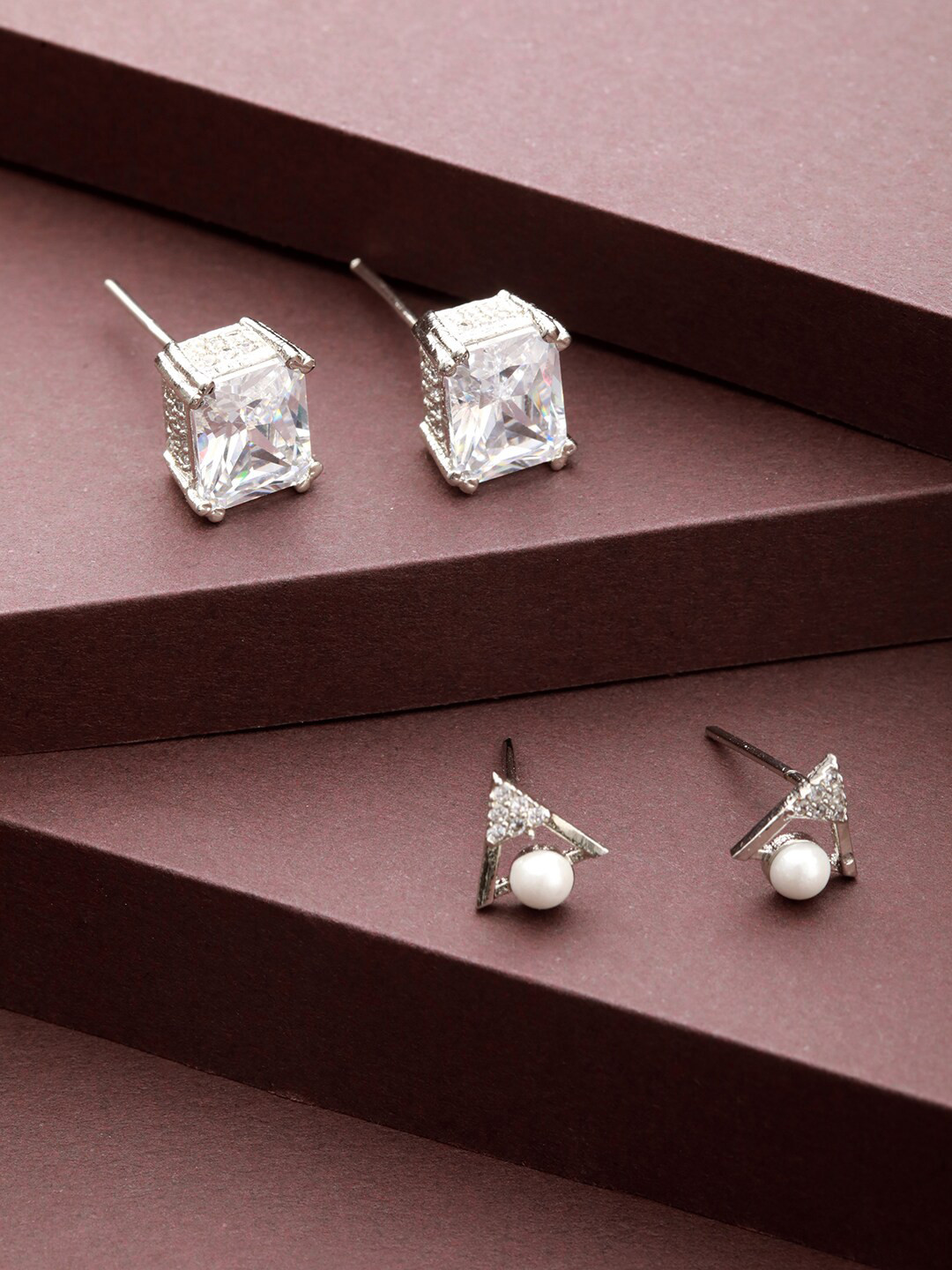 

Priyaasi Set Of 2 Silver-Plated American Diamond Contemporary Studs Earrings