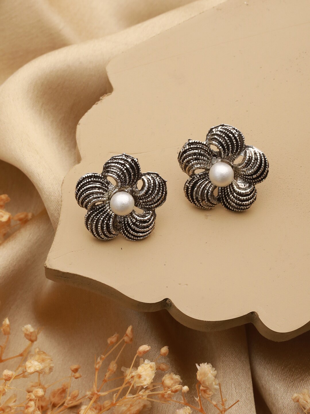 

Priyaasi Silver-Plated Pearls Flower Oxidised Studs Earrings
