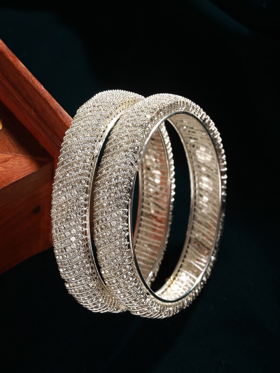 

Priyaasi Set Of 2 Silver-Plated American Diamond Studded Bangles