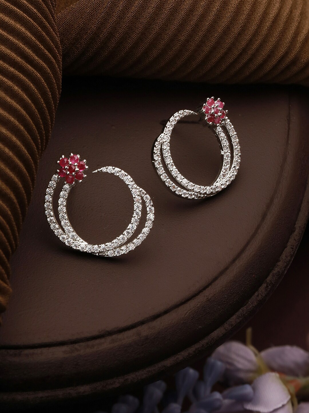

Priyaasi Silver-Plated American Diamond Studded Circular Drop Earrings