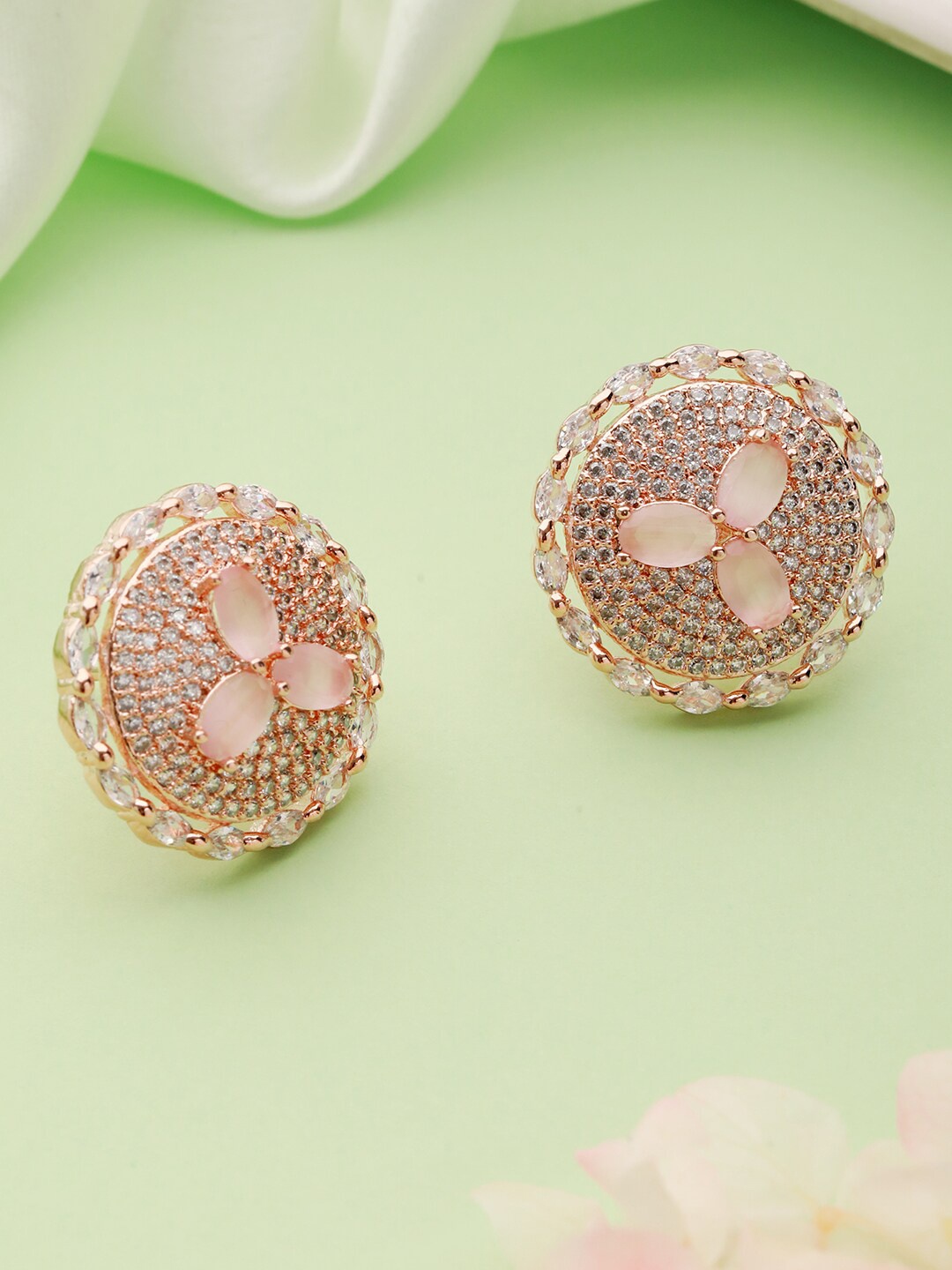 

Priyaasi Rose Gold-Plated American Diamond Studded Floral Studs Earrings