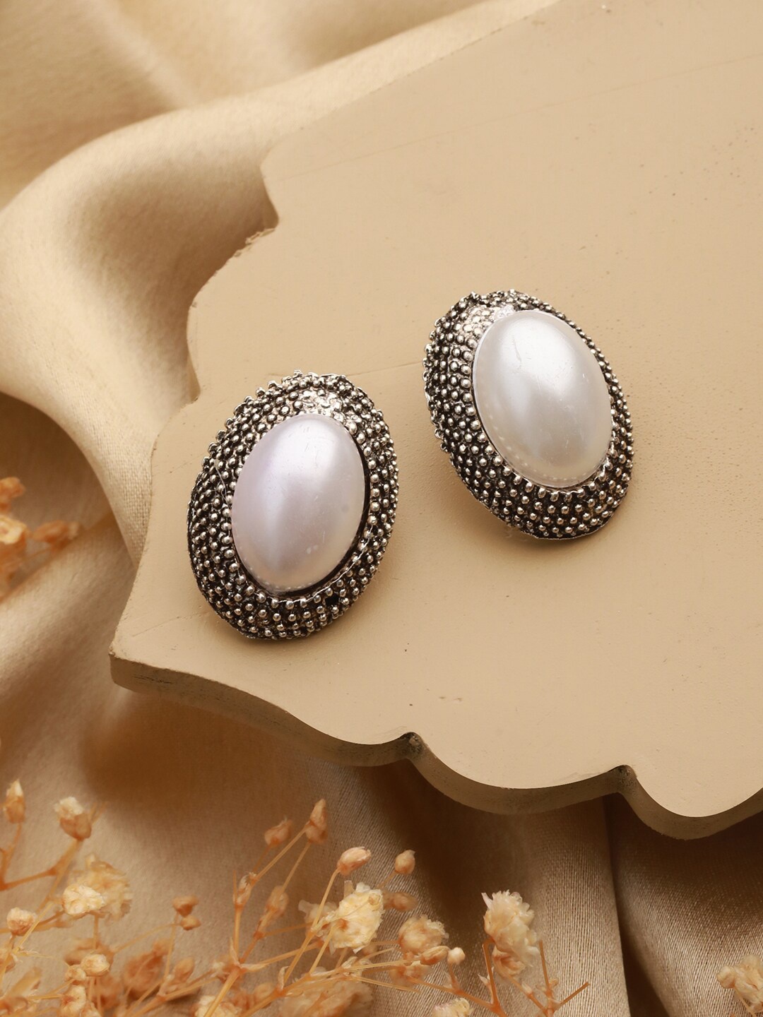 

Priyaasi Silver Plated Pearls Studded German Silver Oxidised Studs Earrings
