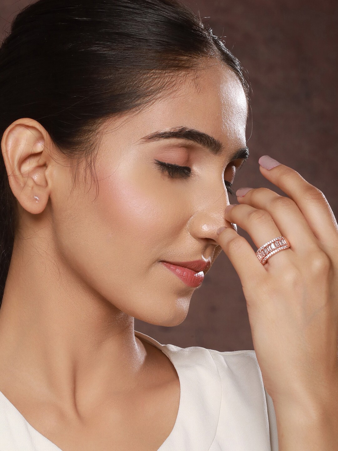 

Priyaasi Rose Gold-Plated American Diamond-studded Adjustable Band Ring