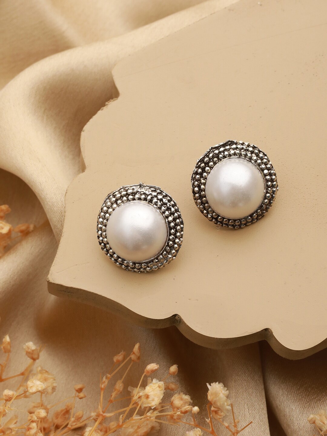 

Priyaasi Silver Plated Pearls Studded German Silver Oxidised Studs Earrings