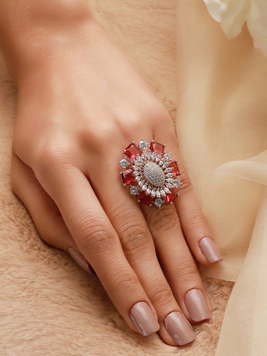 

Priyaasi Silver-plated AD-studded Adjustable Cocktail Ring