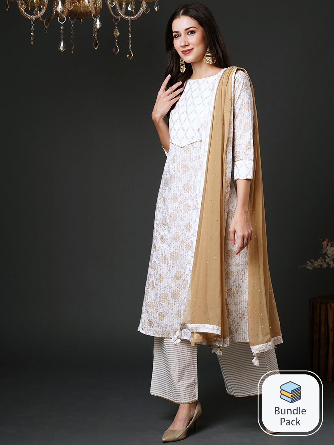 

Indo Era Floral Printed Gotta Patti Kurta With Palazzos & Dupatta, Off white
