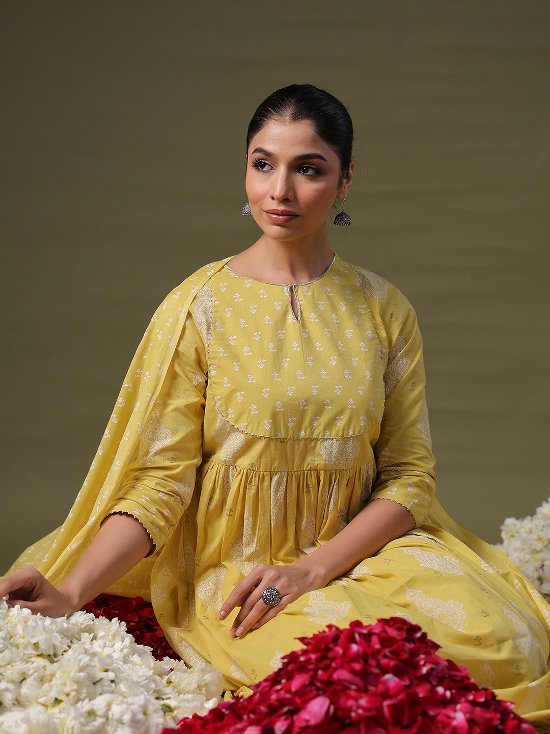 

Indo Era Ethnic Motifs Printed Gotta Patti Cotton A-Line Kurta With Trousers & Dupatta, Yellow