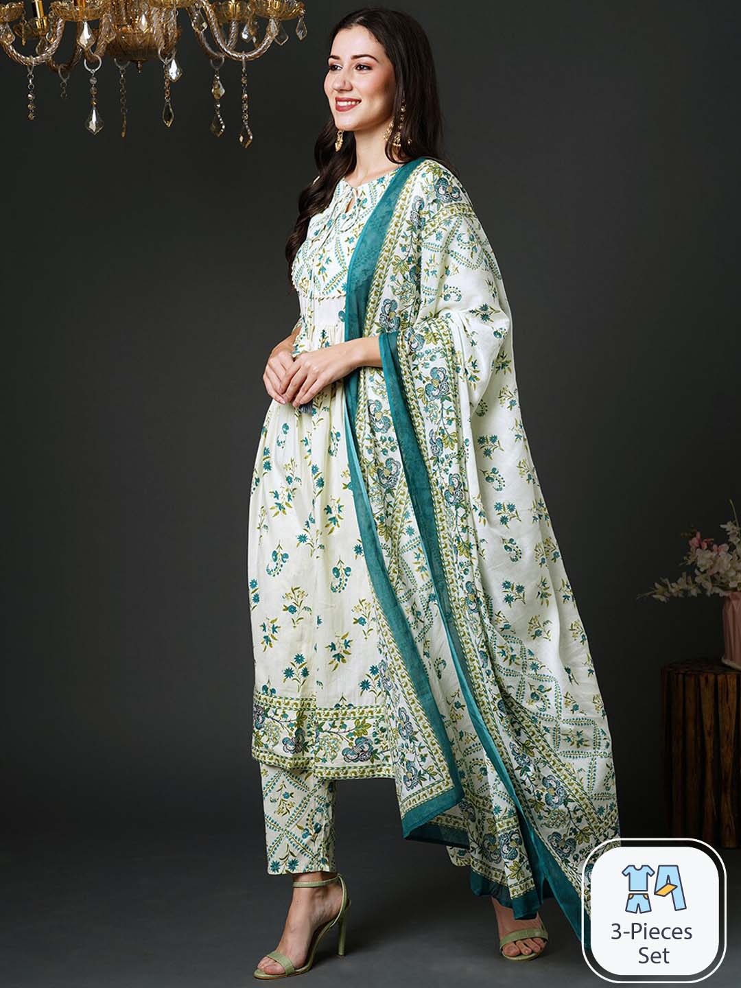 

Indo Era Floral Printed Empire Kurta With Trousers & Dupatta, Off white
