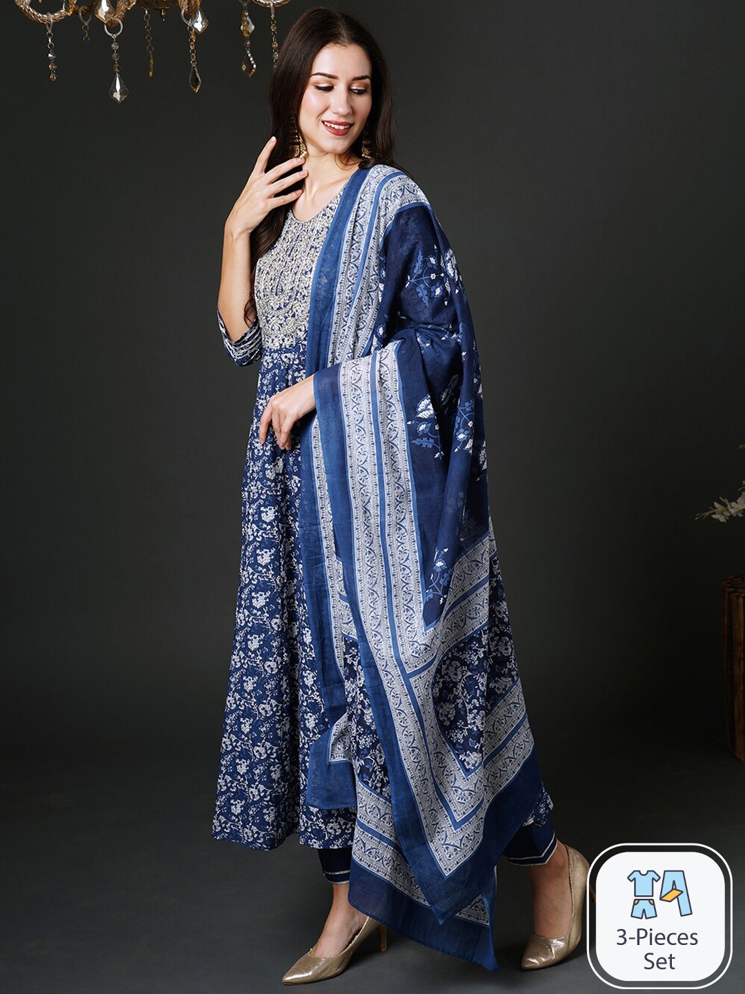 

Indo Era Floral Printed Sequinned Pure Cotton Kurta & Trousers With Dupatta, Blue
