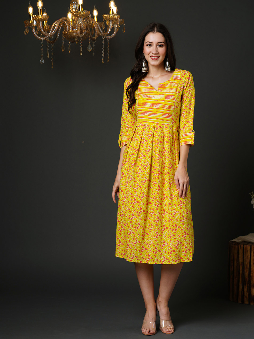

Indo Era Ethnic Motifs Printed Pleated Midi Cotton Ethnic Dress, Yellow
