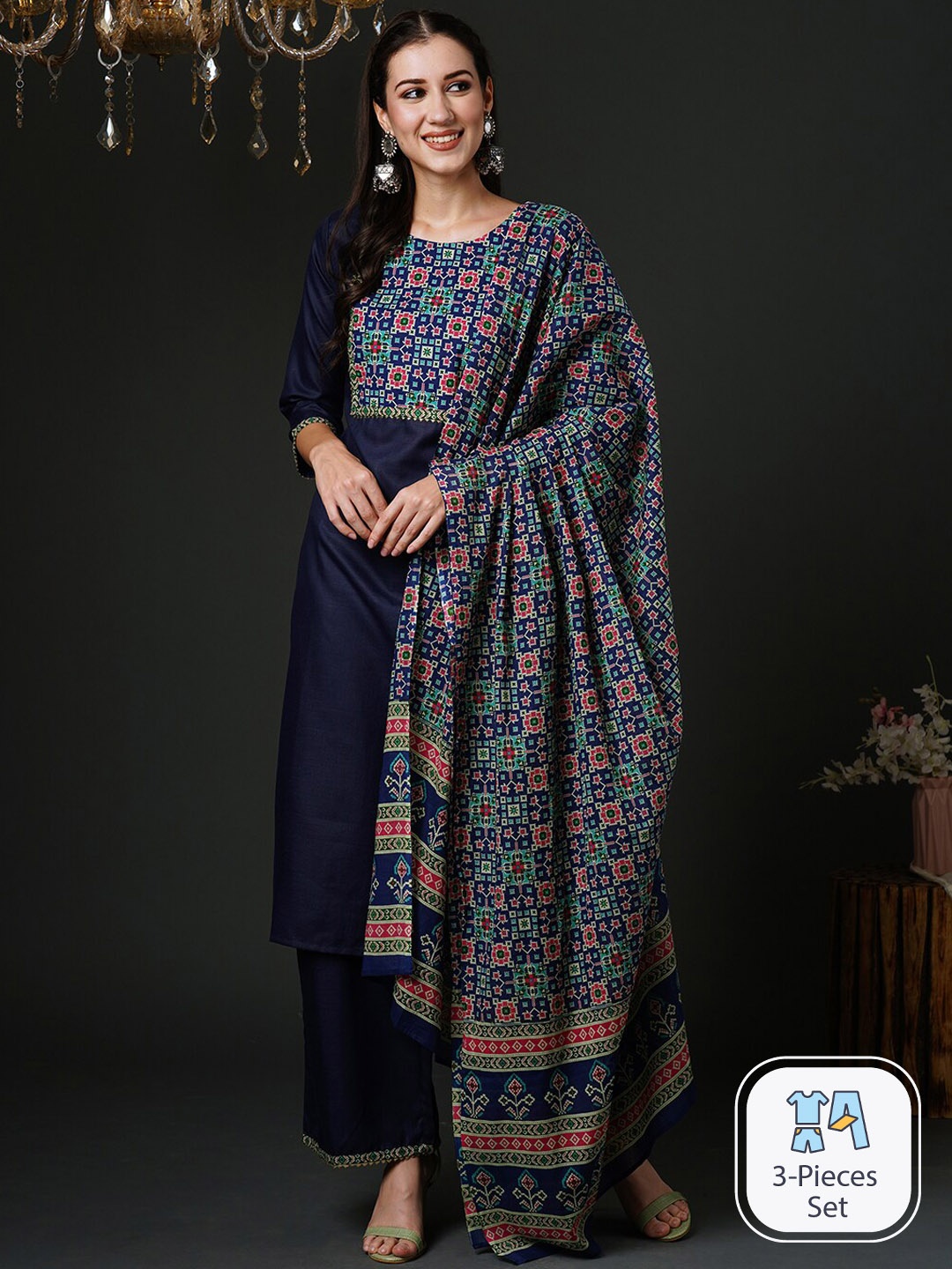 

Indo Era Ethnic Motifs Yoke Design Gotta Patti Kurta & Palazzos With Dupatta, Navy blue