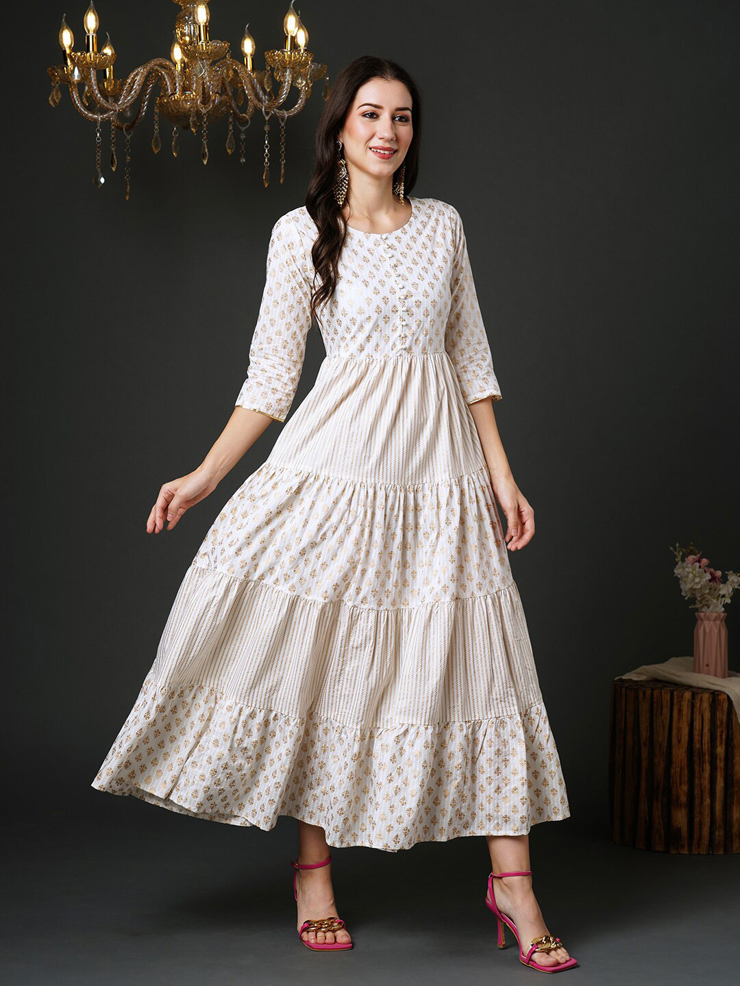 

Indo Era Ethnic Motifs Printed Round Neck Tiered Cotton Fit & Flare Dress, Off white