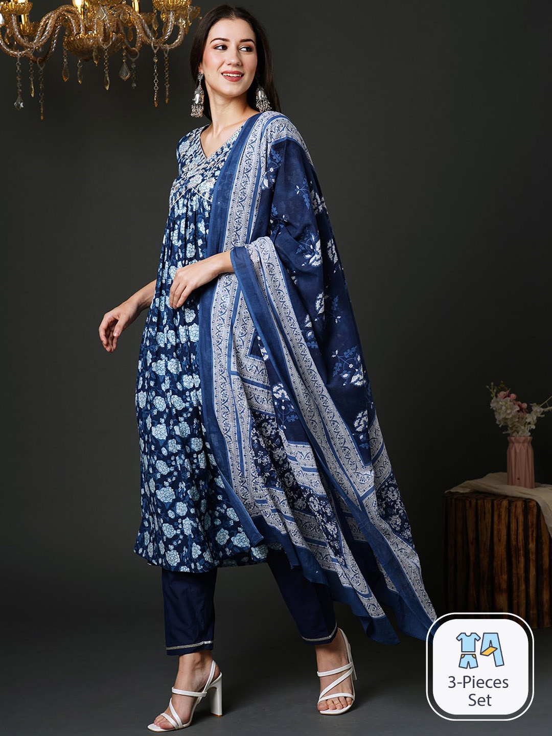 

Indo Era Floral Print Empire Thread Work Pure Cotton A-Line Kurta & Trousers With Dupatta, Blue