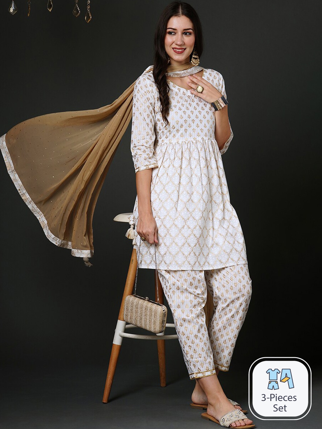 

Indo Era Ethnic Motifs Foil Printed V-Neck A-Line Kurta with Trousers, Off white