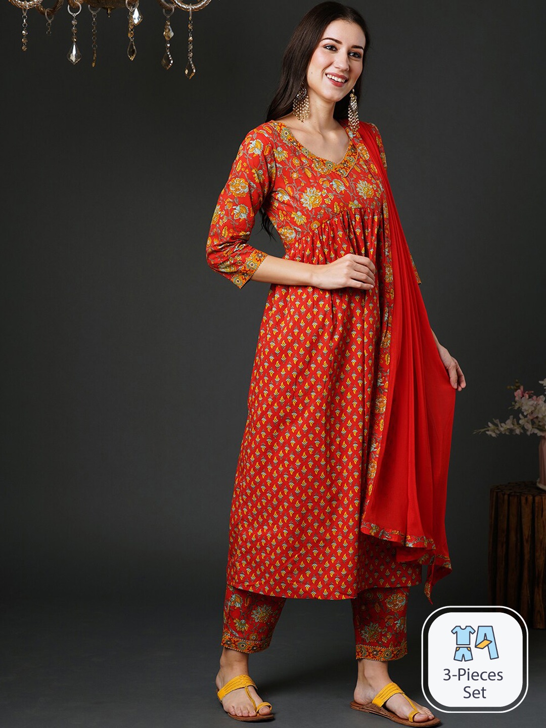 

Indo Era Floral Printed Empire A-Line Pure Cotton Kurta & Trousers With Dupatta, Red