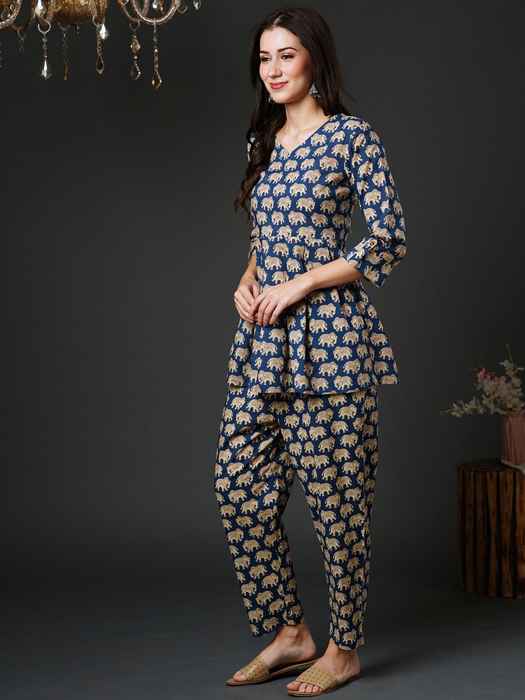 

Indo Era Ethnic Motifs Printed Pure Cotton Tunic & Trousers, Navy blue